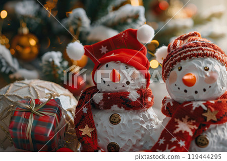 Christmas greeting card with bright winter holiday snowman and New Year background 119444295
