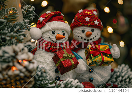 Christmas greeting card with bright winter holiday snowman and New Year background 119444304