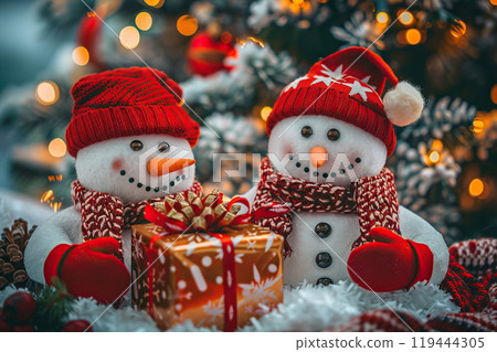 Christmas greeting card with bright winter holiday snowman and New Year background Christmas greeting card with bright winter holiday snowman and New Year background 119444305