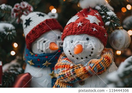 Christmas greeting card with bright winter holiday snowman and New Year background Christmas greeting card with bright winter holiday snowman and New Year background 119444306
