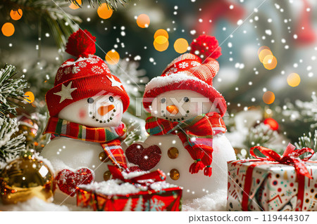 Christmas greeting card with bright winter holiday snowman and New Year background Christmas greeting card with bright winter holiday snowman and New Year background 119444307