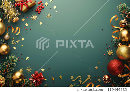 Christmas greeting card with bright winter holiday composition and New Year background Christmas greeting card with bright winter holiday composition and New Year background 119444383