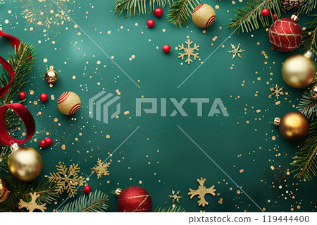 Christmas greeting card with bright winter holiday composition and New Year background 119444400