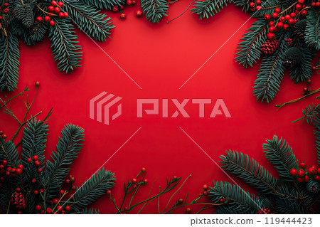 Christmas greeting card with bright winter holiday composition and New Year background Christmas greeting card with bright winter holiday composition and New Year background 119444423