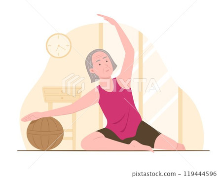 Senior Woman Doing Yoga Exercise at Home for Healthcare Concept Illustration Senior Woman Doing Yoga Exercise at Home for Healthcare Concept Illustration 119444596