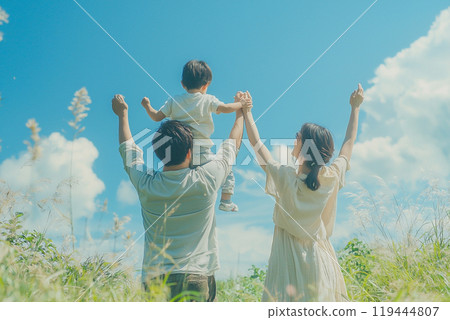 A moment of enjoying family bonding under the blue sky 119444807