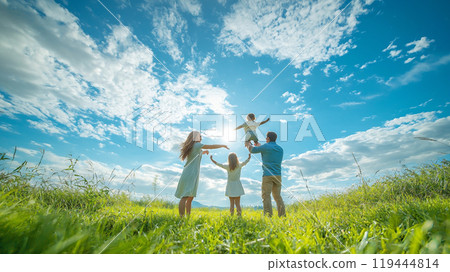 A moment of enjoying family bonding under the blue sky 119444814