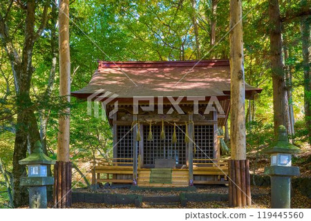 Autumn in Chino, Nagano Prefecture, with the shrine building and night lanterns of Taruhime Shrine Autumn in Chino, Nagano Prefecture, with the shrine building and night lanterns of Taruhime Shrine 119445560