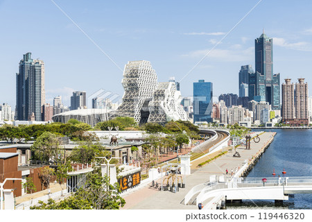 Overlooking view of the Pier-2 Art Center in the port of Kaohsiung, Taiwan. with the famous landmark Kaohsiung Music Center and 85 Sky Tower. 119446320