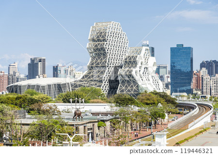 Overlooking view of Pier-2 Art Center with Kaohsiung Music Center in the port of Kaohsiung, Taiwan. Overlooking view of Pier-2 Art Center with Kaohsiung Music Center in the port of Kaohsiung, Taiwan. 119446321