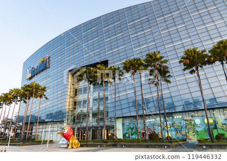 Low-angle view of the Dream Mall building in Kaohsiung, Taiwan. It was the largest shopping mall in Taiwan. 119446332
