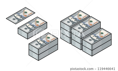 New 100 dollar bills and stack of bills, variable line width 119446641