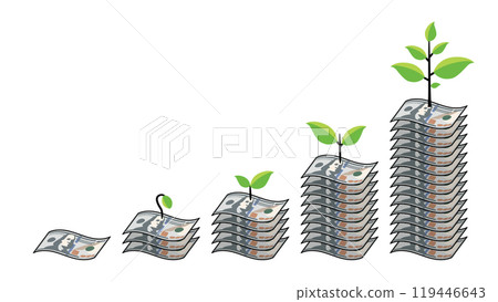 A stack of new 100 dollar bills growing with compound interest and leaves growing, variable width A stack of new 100 dollar bills growing with compound interest and leaves growing, variable width 119446643