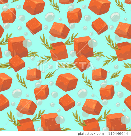 Seamless pattern of handmade red soap spinning around leaves. Cosmetics and medical plant. Seamless pattern of handmade red soap spinning around leaves. Cosmetics and medical plant. 119446644