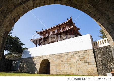 Old city wall building view of the Great South Gate in Tainan, Taiwan. it's one of Taiwan's most well-preserved city gates. 119446727