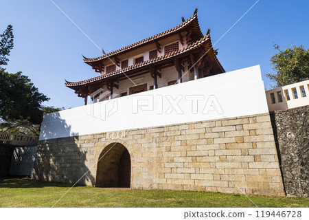 Old city wall building view of the Great South Gate in Tainan, Taiwan. it's one of Taiwan's most well-preserved city gates. Old city wall building view of the Great South Gate in Tainan, Taiwan. it's one of Taiwan's most well-preserved city gates. 119446728