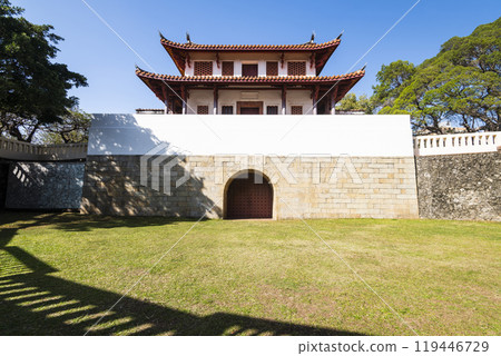 Old city wall building view of the Great South Gate in Tainan, Taiwan. it's one of Taiwan's most well-preserved city gates. 119446729