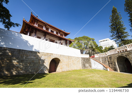 Old city wall building view of the Great South Gate in Tainan, Taiwan. it's one of Taiwan's most well-preserved city gates. 119446730