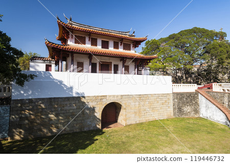 Old city wall building view of the Great South Gate in Tainan, Taiwan. it's one of Taiwan's most well-preserved city gates. 119446732