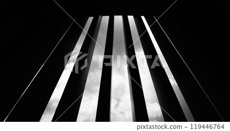 A structure featuring wooden slats on construction site contributing to its architectural style 119446764