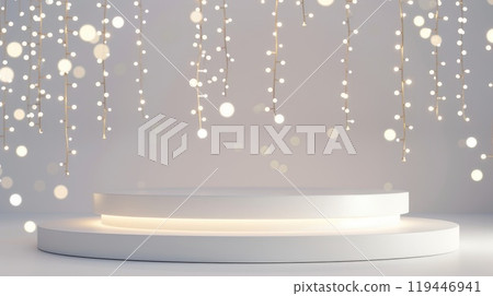 A white podium adorned with festive Christmas lights draping from the ceiling. AI-generated content. 119446941