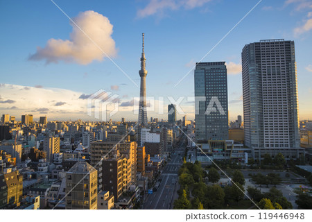 Skytree seen from Kinshicho in the morning glow 119446948