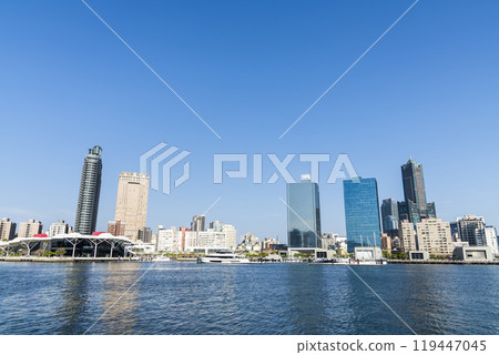 Panoramic view of the modern building along the Glory Pier in the port of Kaohsiung, Taiwan. such as 85 Sky Tower and Kaohsiung Port Cruise Terminal. 119447045