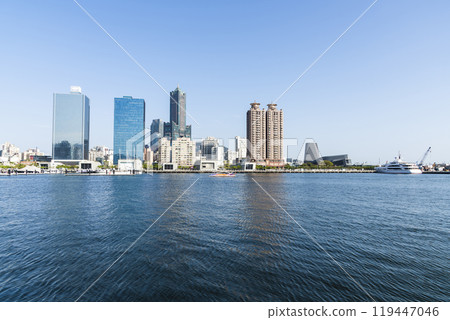 Panoramic view of the modern building along the Glory Pier in the port of Kaohsiung, Taiwan. such as 85 Sky Tower and Kaohsiung Port Cruise Terminal. 119447046
