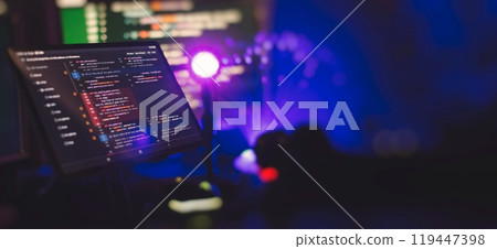 Working atmosphere of a programmer at home, background. Programming code abstract screen 119447398