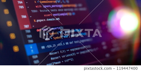 Working atmosphere of a programmer at home, background. Programming code abstract screen 119447400