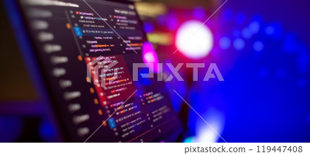 Monitor closeup of function source code. Abstract IT technology background. Software source code. 119447408