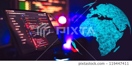 Running Computer data programming. Coding script text on screen. 119447411
