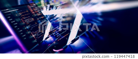 Technology background. Computer script. Programming code abstract screen of software developer. Technology background. Computer script. Programming code abstract screen of software developer. 119447418