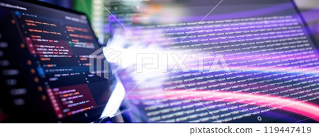 Technology background. Computer script. Programming code abstract screen of software developer. Technology background. Computer script. Programming code abstract screen of software developer. 119447419