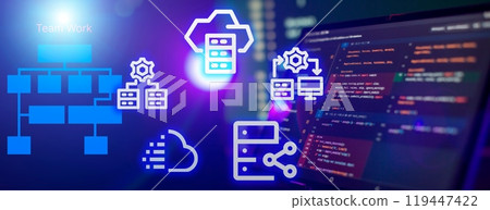 Concept of cloud computing technology. Protecting data and servers remotely. Network connection. 119447422