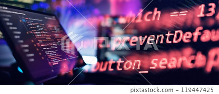 Abstract computer script code. Programming code screen of software developer. Software Programming Work Time. Abstract computer script code. Programming code screen of software developer. Software Programming Work Time. 119447425