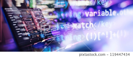 Running Computer data programming. Coding script text on screen. Notebook closeup photo. 119447434