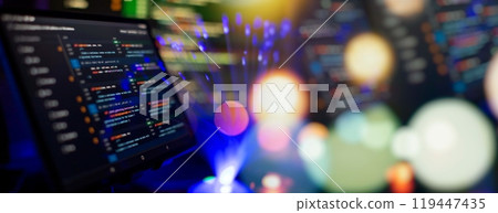 Running Computer data programming. Coding script text on screen. Notebook closeup photo. 119447435