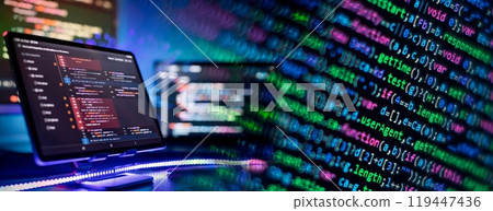 Running Computer data programming. Coding script text on screen. Notebook closeup photo. Running Computer data programming. Coding script text on screen. Notebook closeup photo. 119447436