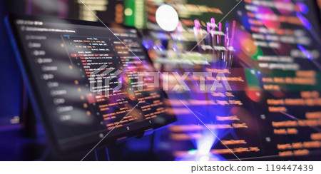 Running Computer data programming. Coding script text on screen. Notebook closeup photo. Running Computer data programming. Coding script text on screen. Notebook closeup photo. 119447439