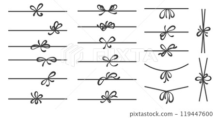 Ribbon bow for gift and present box. Simple hand drawn string with knot. Outline thin rope for package design. Minimal sketch vector elements for decoration on white background 119447600
