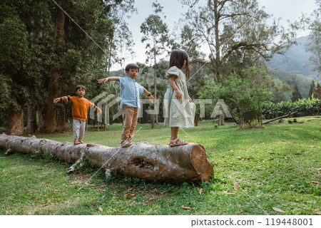 Children Having Fun Balancing on a Log in a Beautiful Scenic Outdoor Nature Setting 119448001