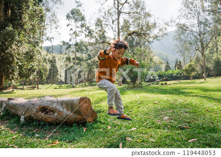 A Child Skillfully Balancing on a Log in a Beautiful Scenic Outdoor Setting A Child Skillfully Balancing on a Log in a Beautiful Scenic Outdoor Setting 119448053