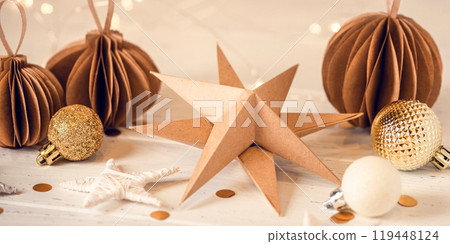 Christmas decorations on white wooden table. 119448124