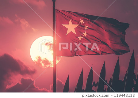 The Chinese flag waving in the sunset The Chinese flag waving in the sunset 119448138