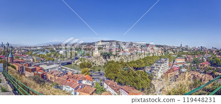 Panoramic daytime view over the city of Tbilisi, Georgia, with colorful rooftops and landmarks 119448231
