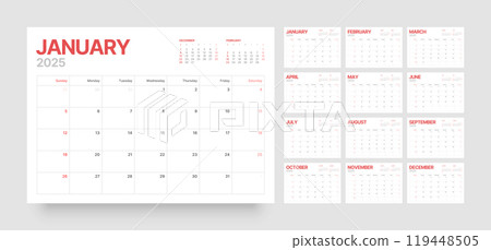 Monthly calendar for 2025 year. Starts on Sunday. 119448505