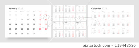 Monthly calendar layout for 2025. Planner diary. 119448556