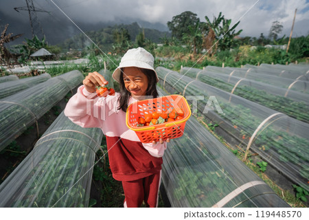 A girl joyfully holds a basket of ripe strawberries in a field 119448570