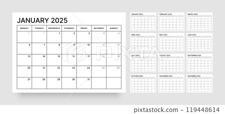 Monthly calendar layout for 2025. Planner diary. Monthly calendar layout for 2025. Planner diary. 119448614